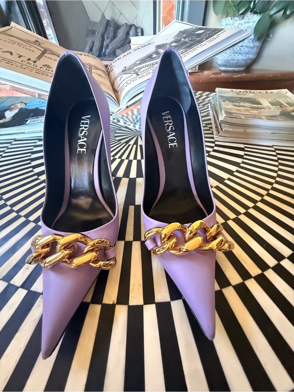 Versace Lilac Pointed-Toe Pumps with Gold Chain